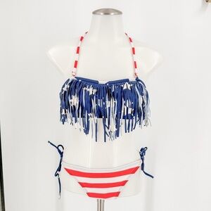 Striped Red, White and Blue Fringe Bikini